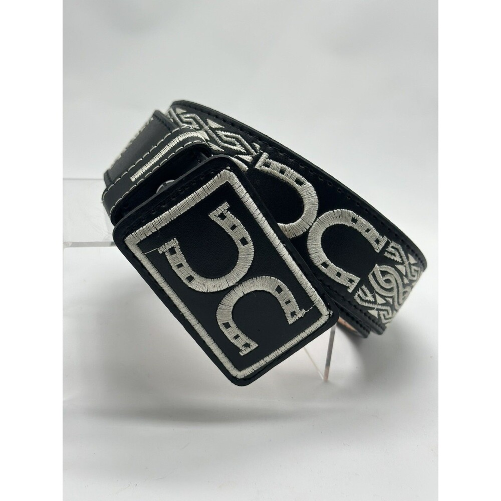 Murillo Mens 38 Horseshoe Rodeo Cowboy Belt Leather w Buckle Black White Thread
